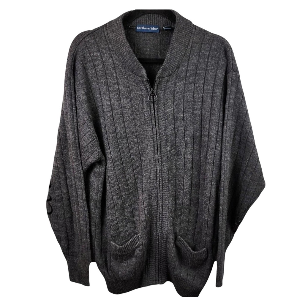 Northern Isles Mens XXL Charcoal Gray Ribbed Full Zip Cardigan Sweater Knit Pokt
